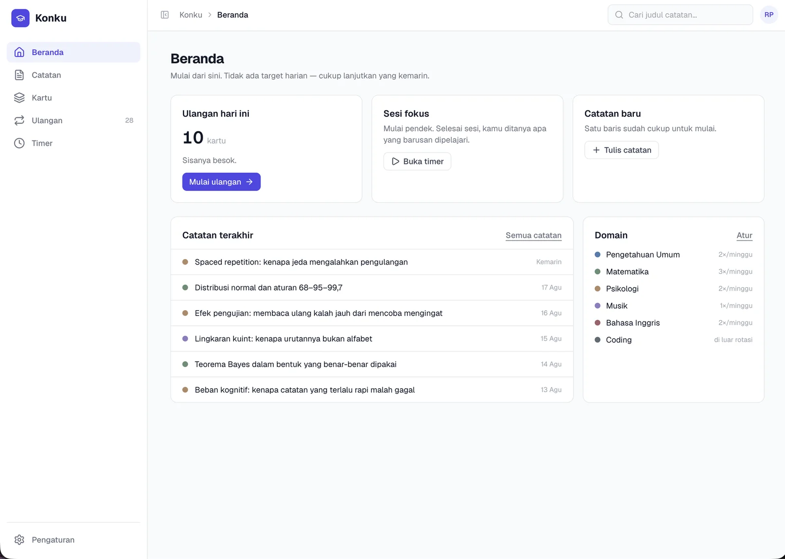 Beranda — today's review load, the focus session, and recent notes by domain