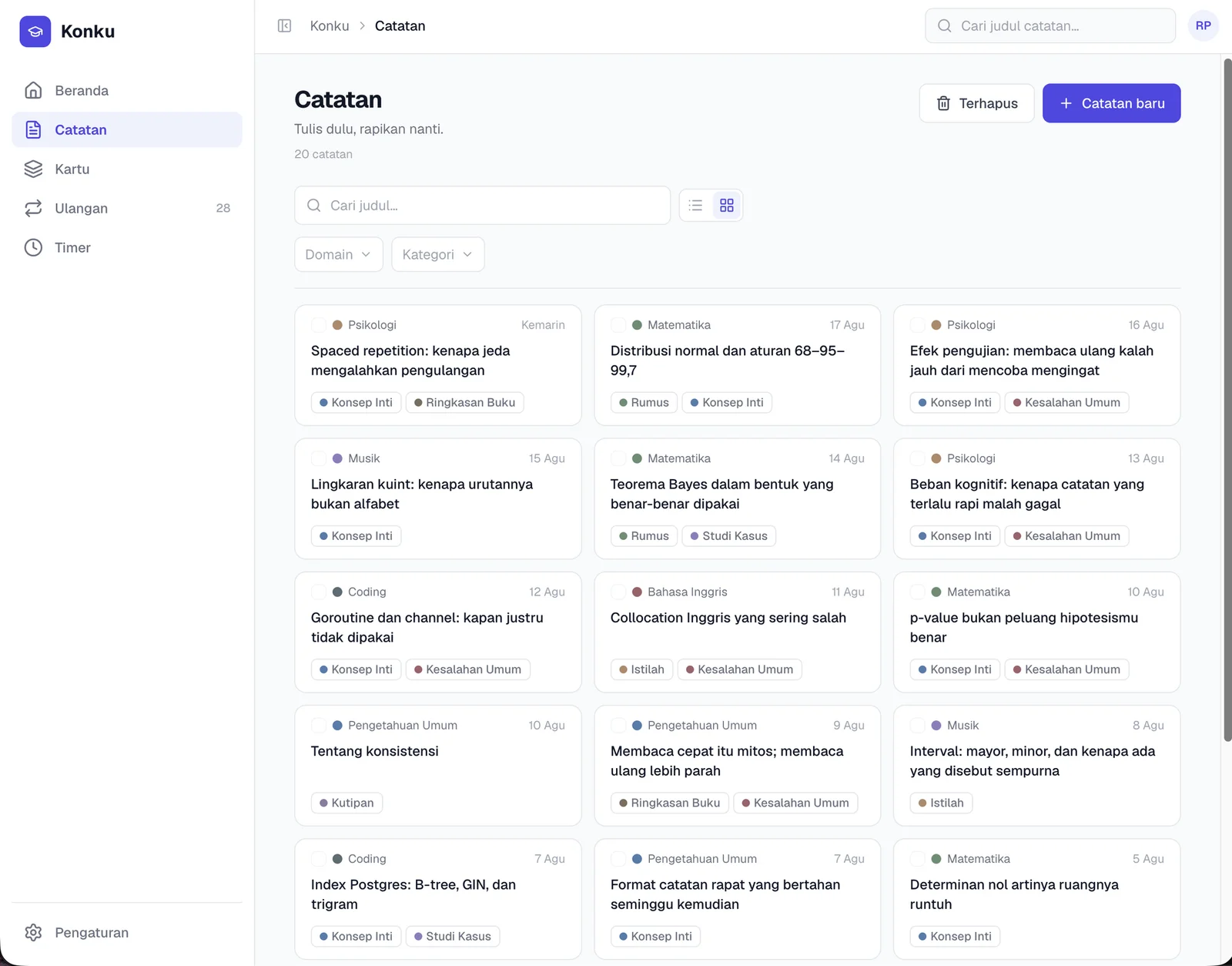 Notes library, filterable by domain and category