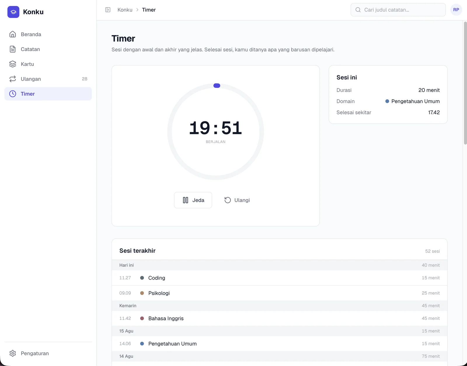 Focus timer — sessions start short and grow, with per-domain history