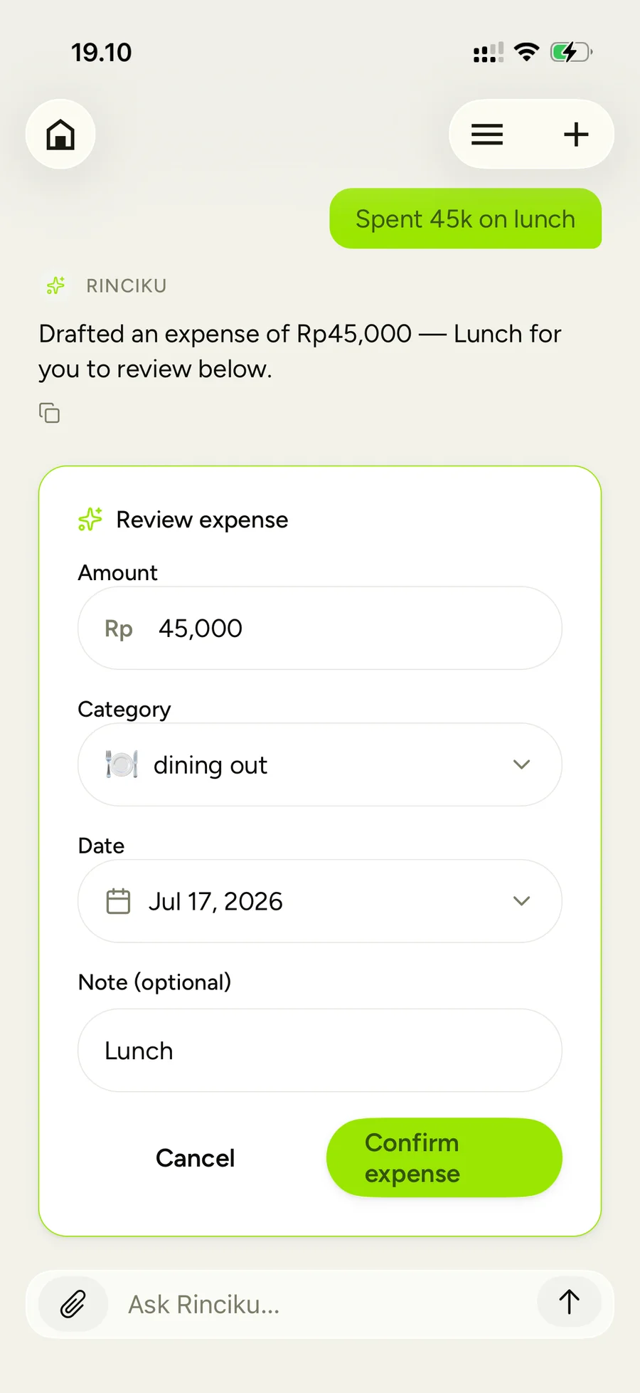 Chat-based logging — "spent 45k on lunch" parsed into a reviewable draft