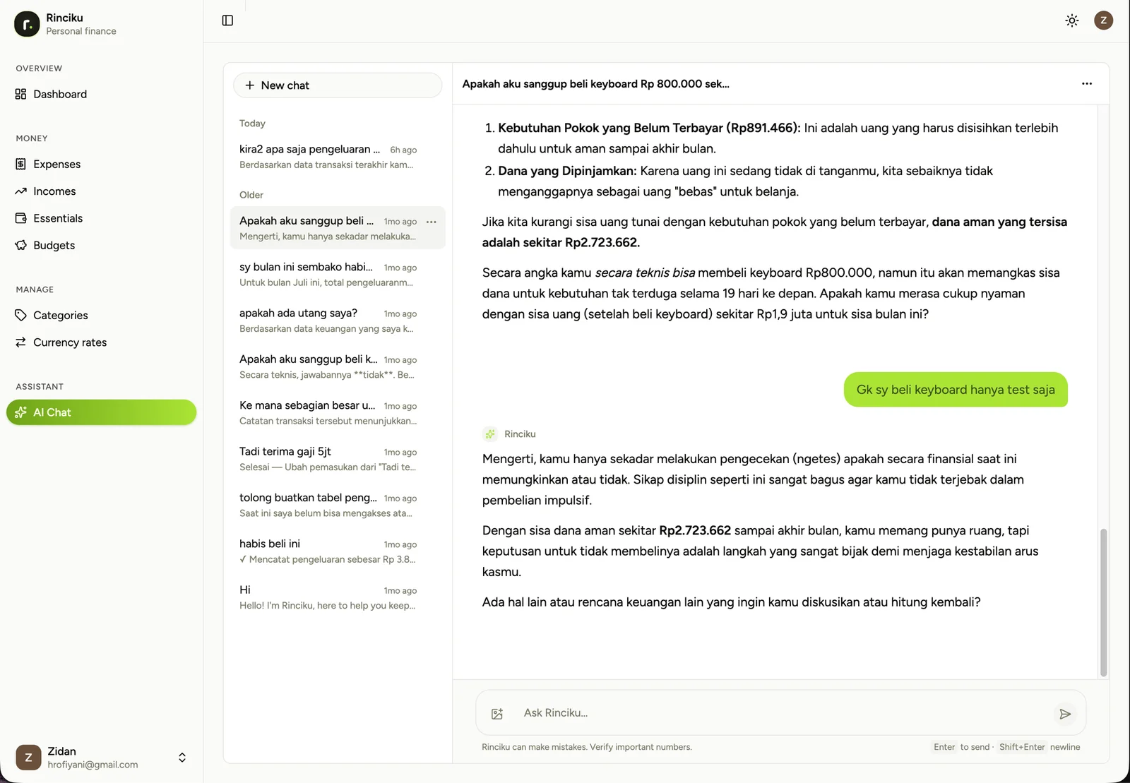 AI chat — a purchase question answered against real budget state, with the numbers shown