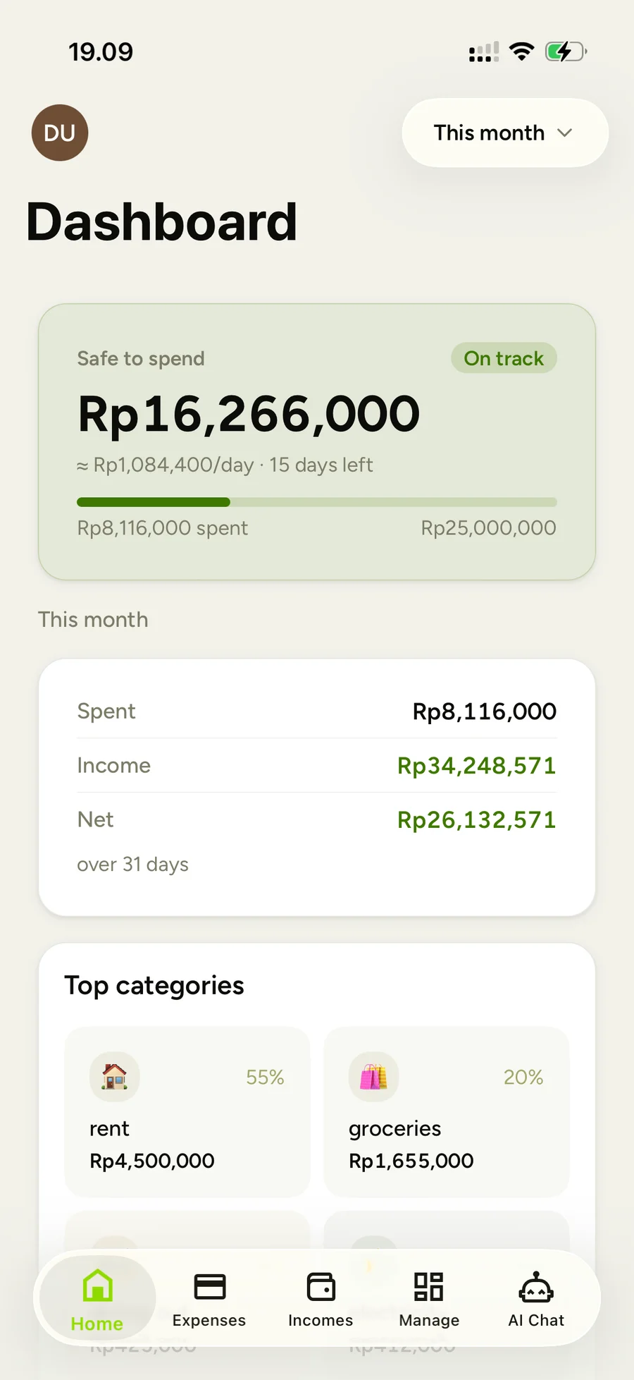 Dashboard — safe-to-spend, this month's totals, and top categories