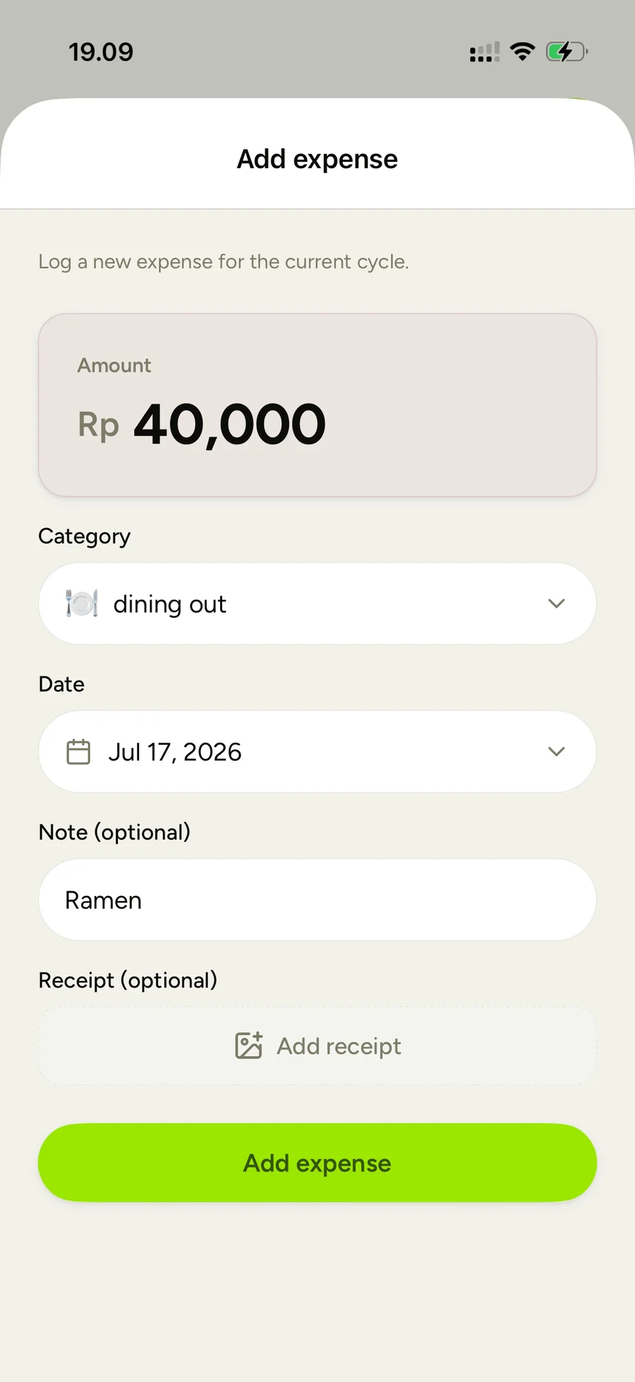 Add expense — amount, category, date, and an optional receipt