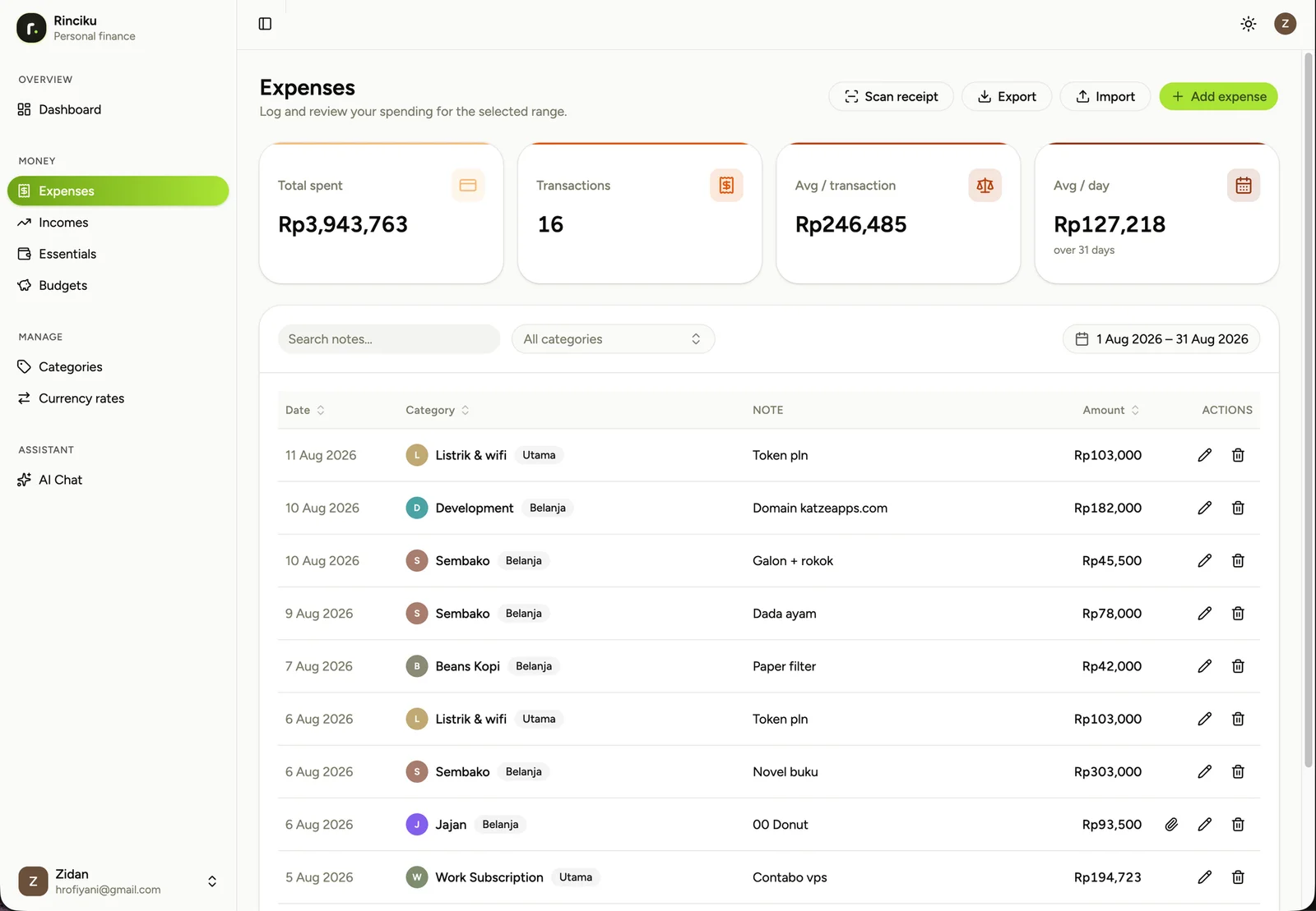 Expenses — a searchable ledger with receipt scan, import, and export