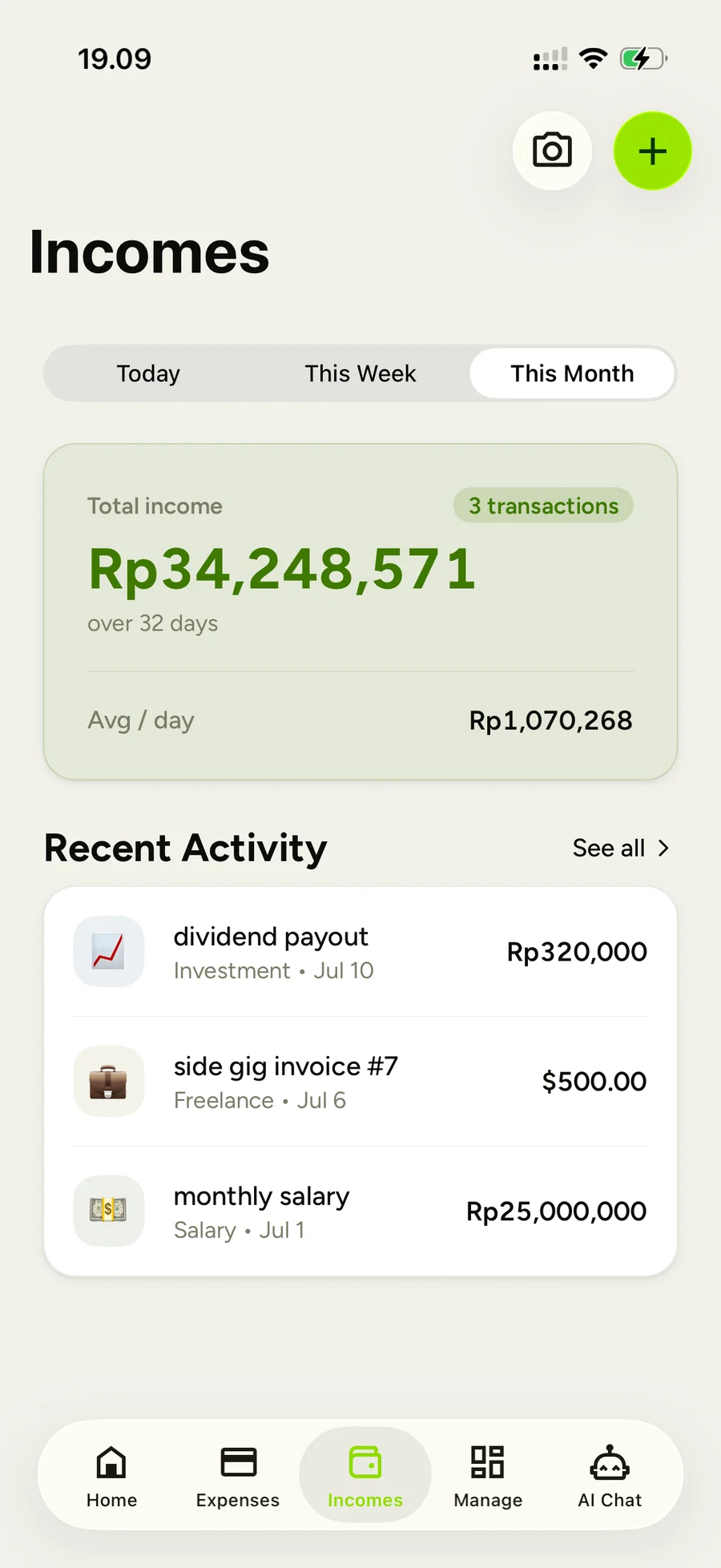 Incomes — multi-source, including USD freelance payouts