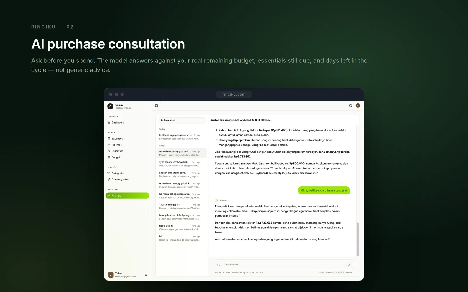 AI purchase consultation — the model answers against your real remaining budget, essentials still due, and days left in the cycle