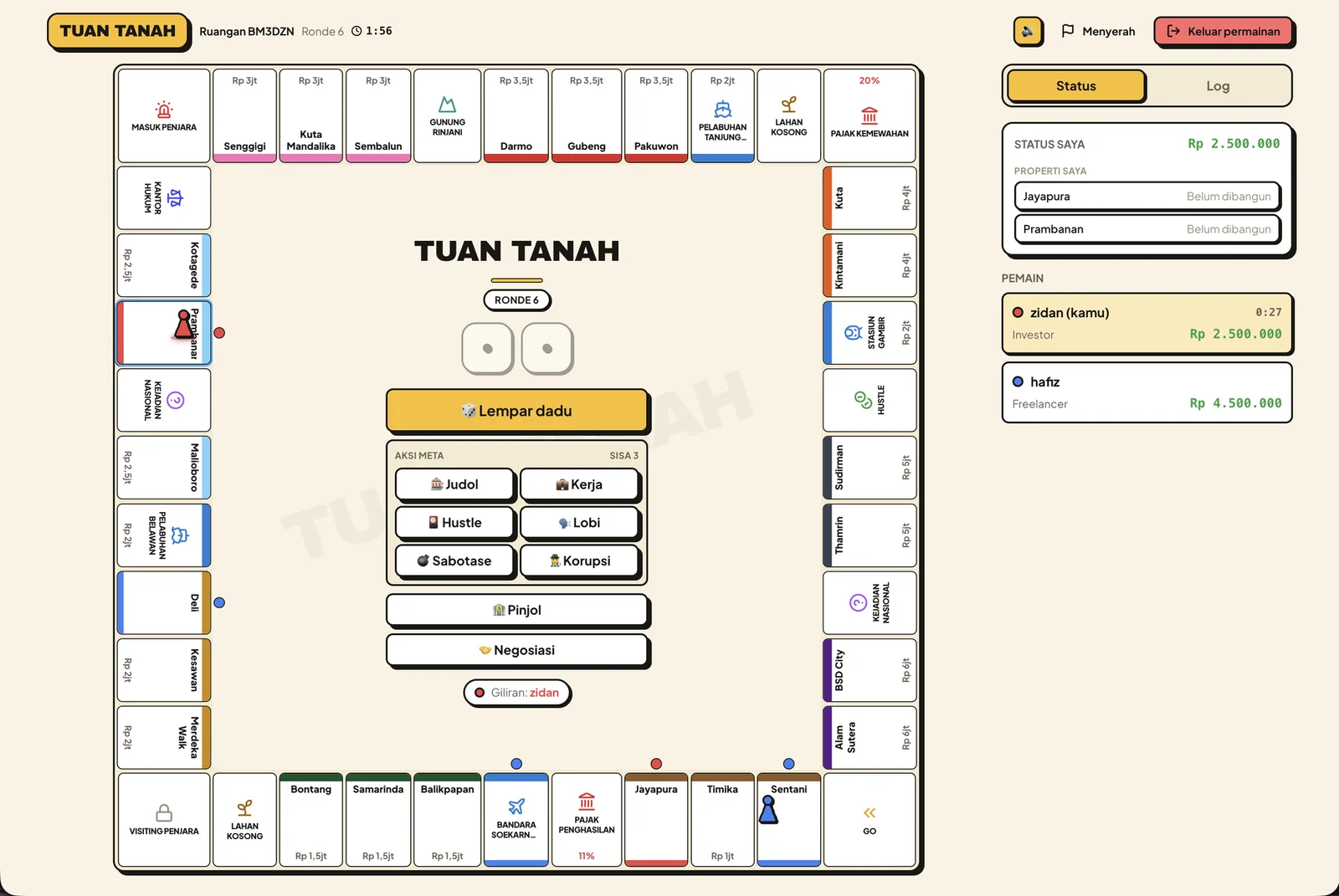 A turn in progress — roll, move, and the meta-actions available this turn