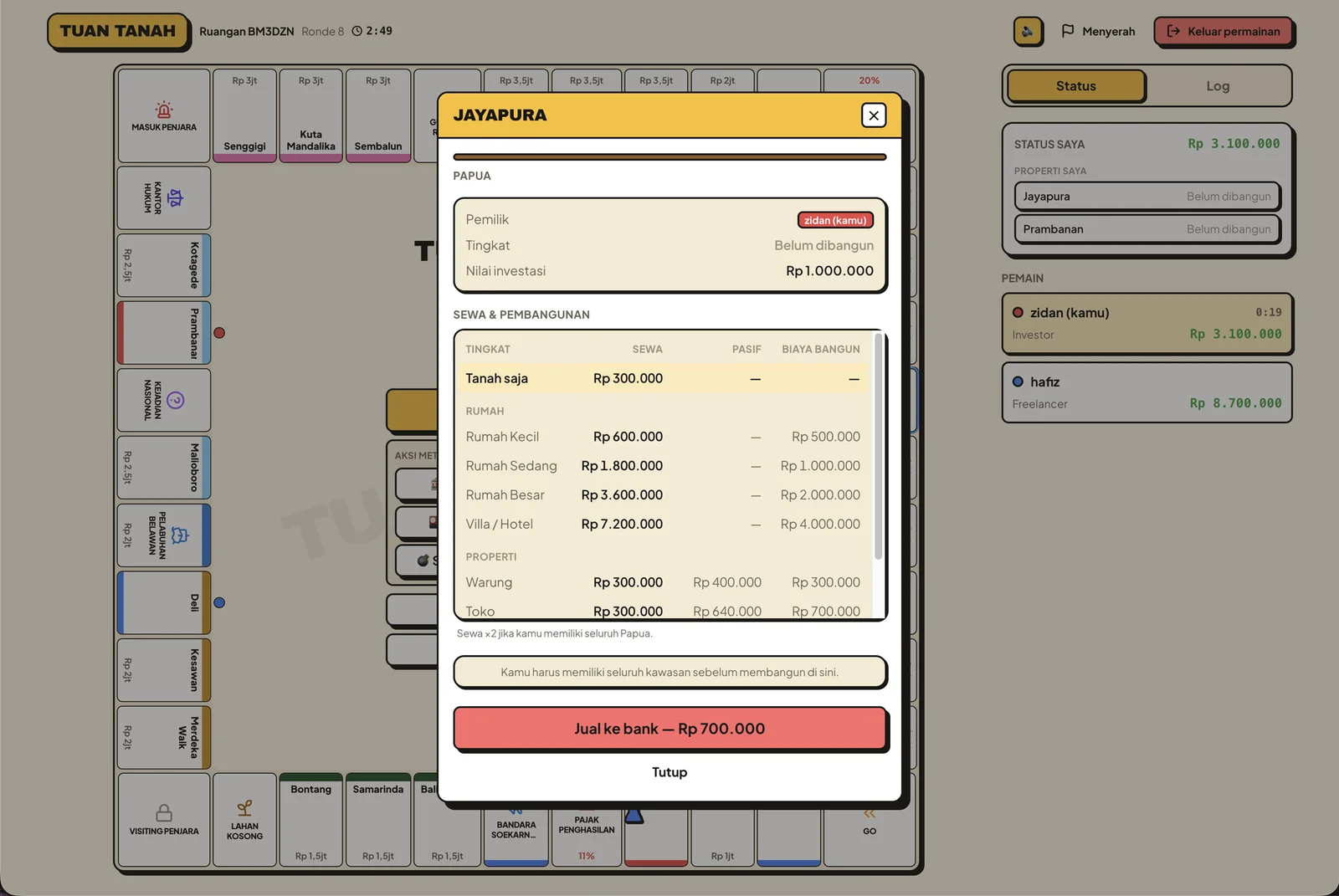 Property detail — tiers, upgrade costs, and sell-to-bank value
