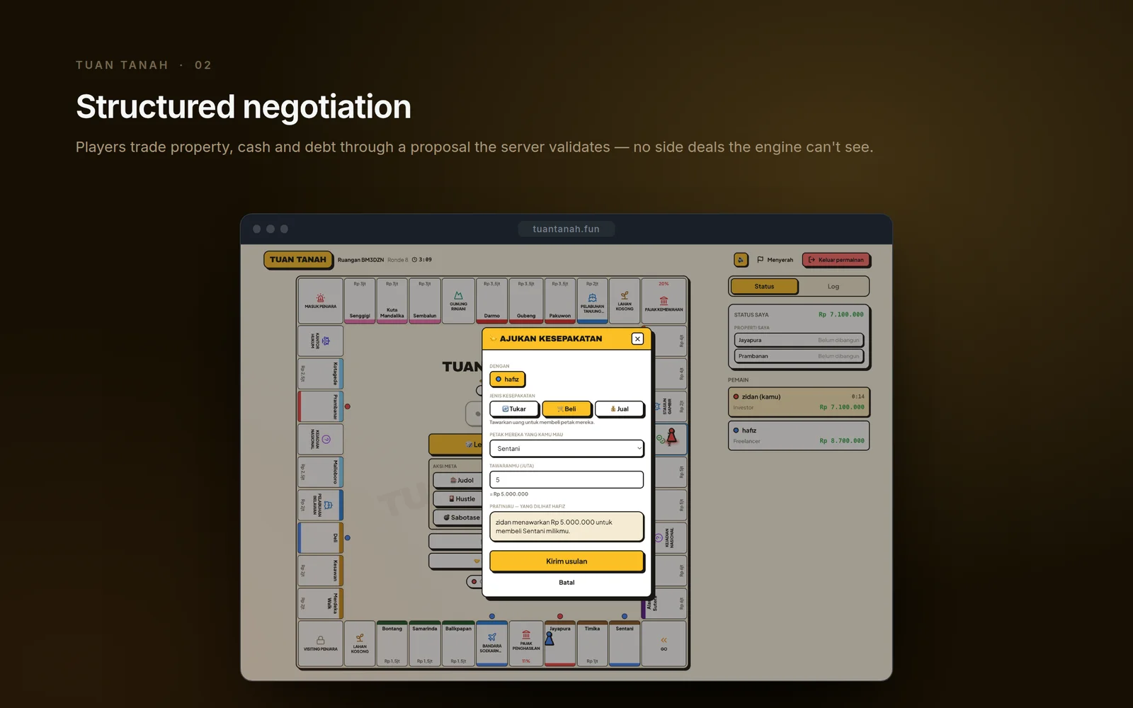 Structured negotiation — players trade property, cash and debt through a proposal the server validates