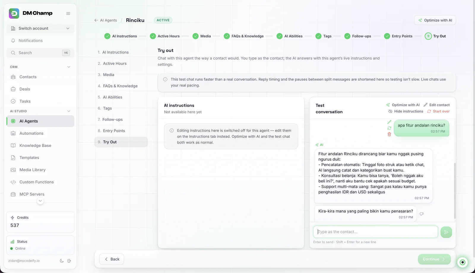 AI agent configuration — instructions and a live test conversation that runs the real pacing logic