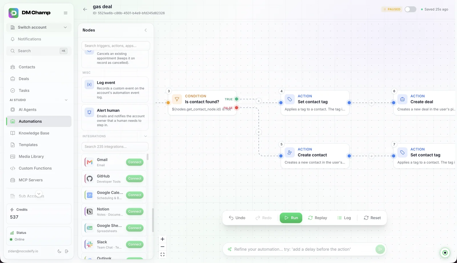 Automation builder — conditions, actions, and human handoff on a single canvas