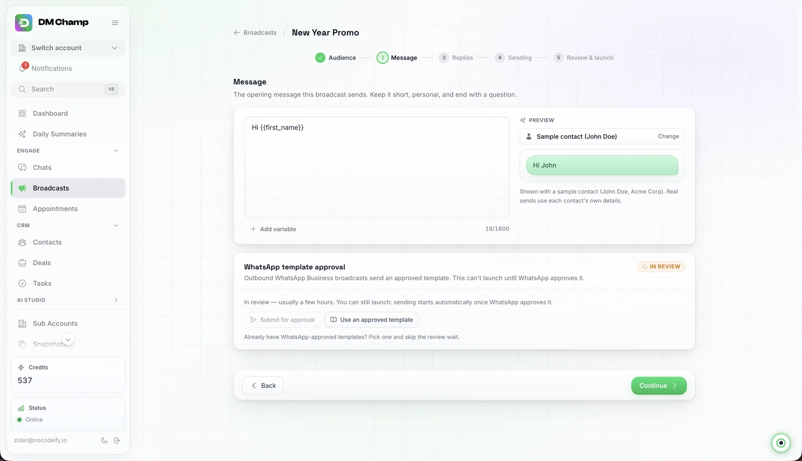 Broadcast composer, including WhatsApp template approval state