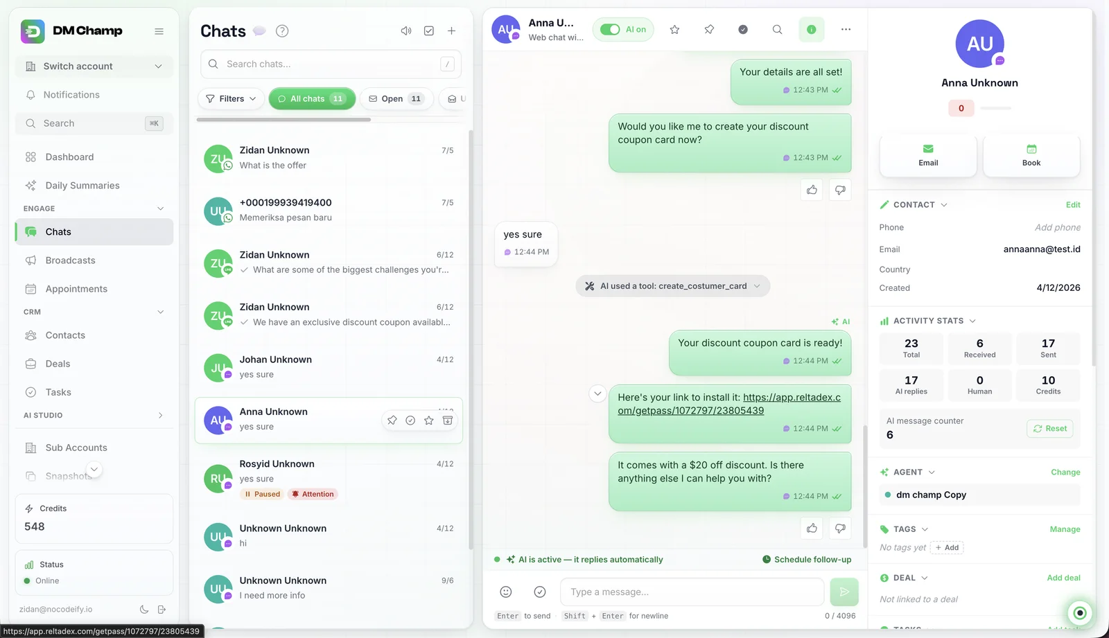 Unified inbox — conversations across channels with contact and deal context in one panel
