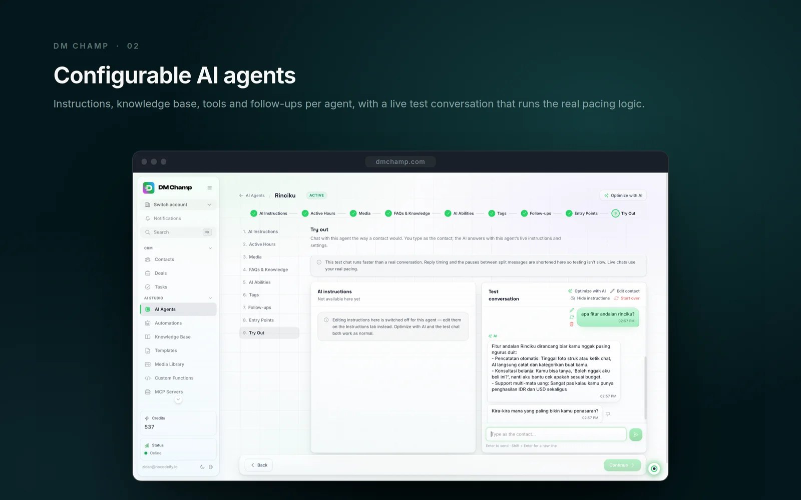 Configurable AI agents — instructions, knowledge base, tools and follow-ups per agent, with a live test conversation