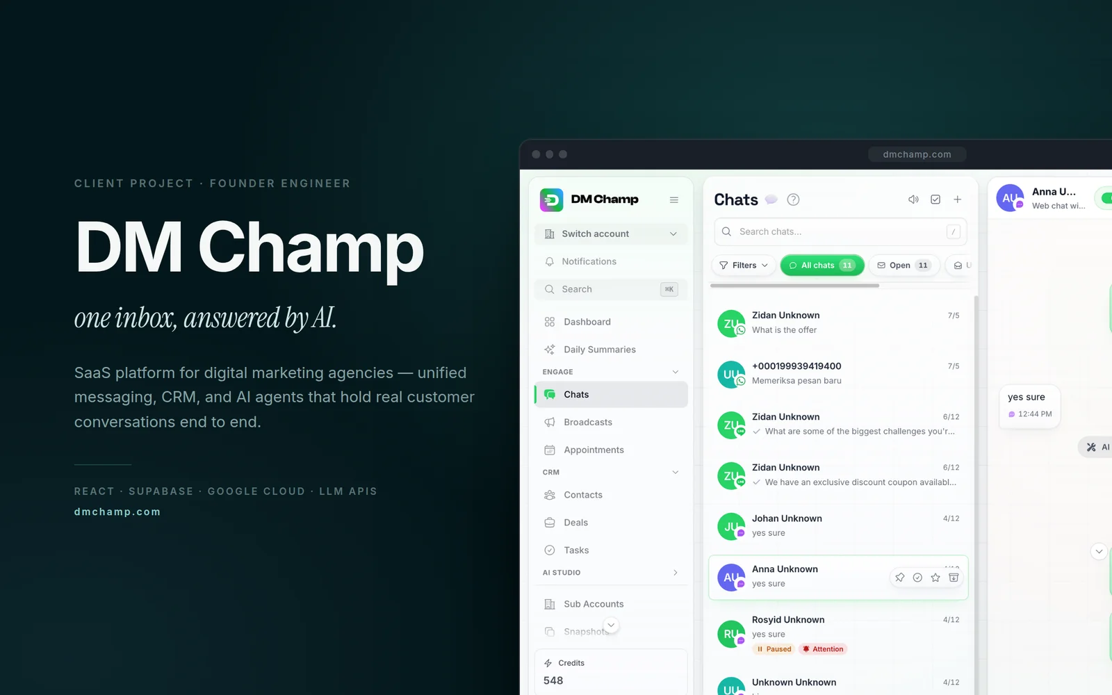 DM Champ — one inbox, answered by AI