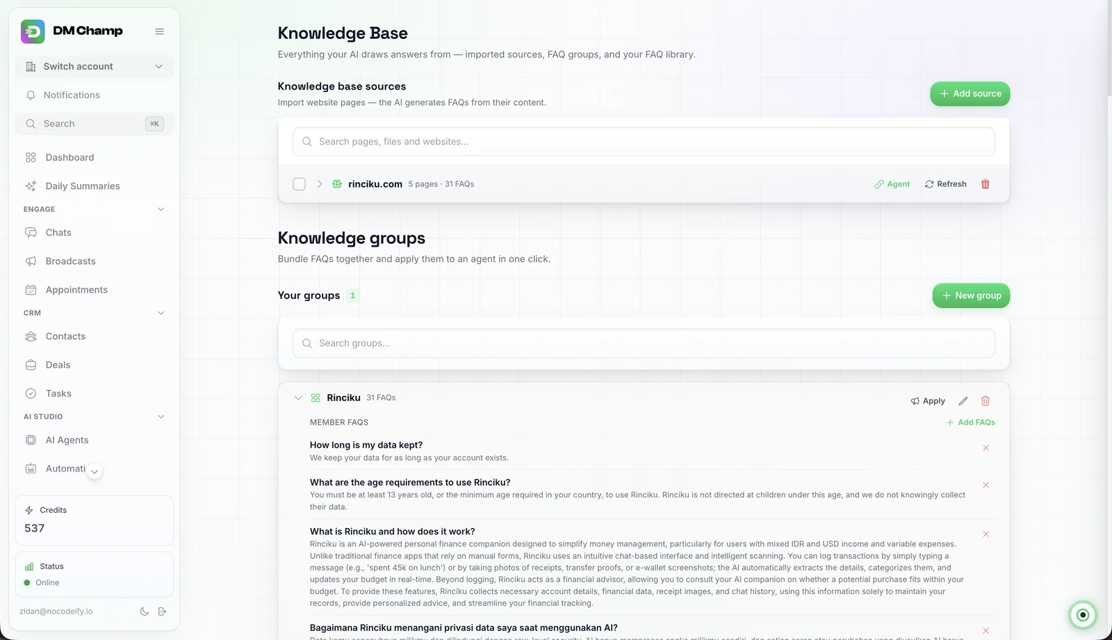 Knowledge base — the sources and FAQ groups that ground the agent's answers