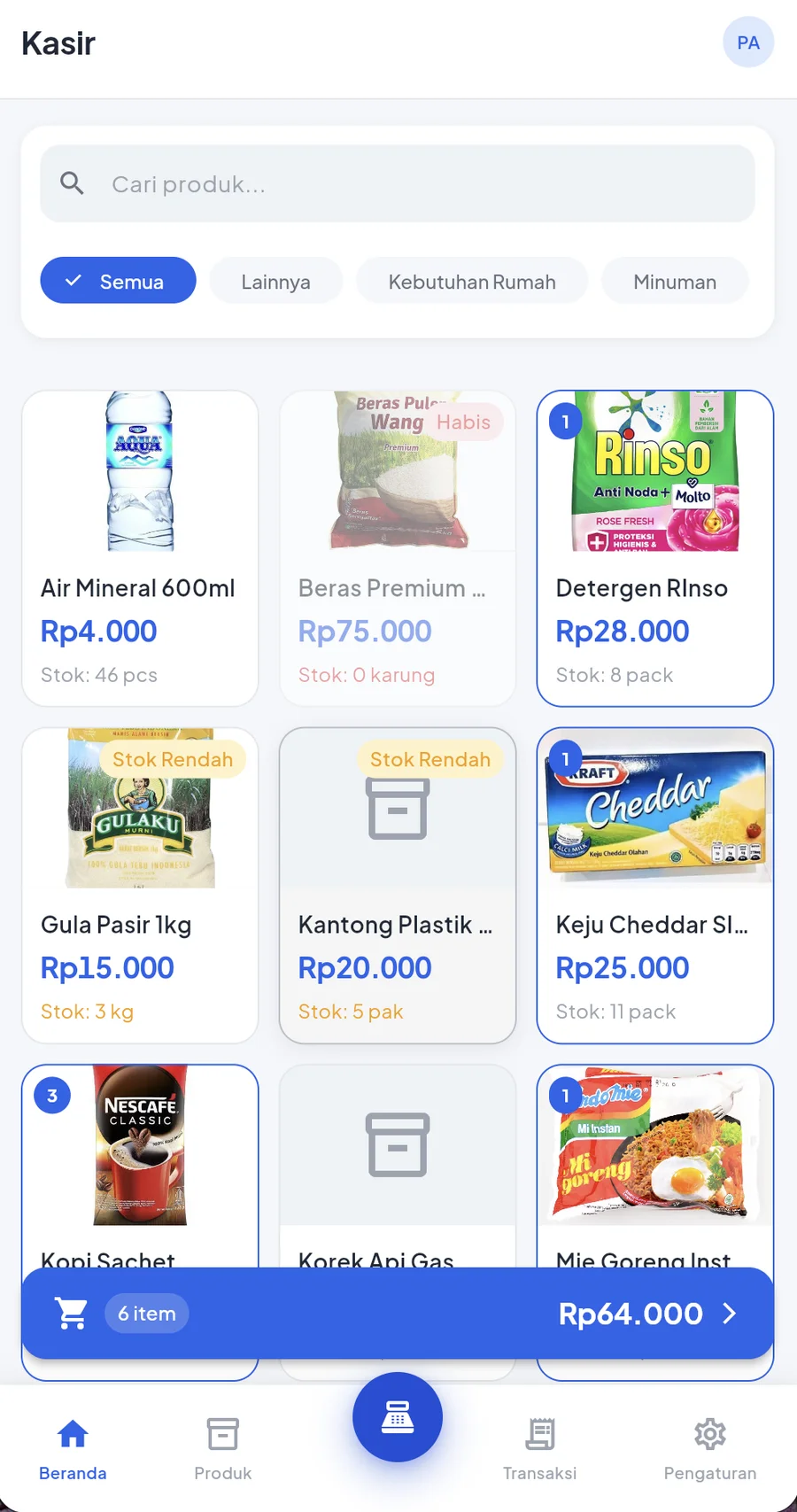 Mobile POS — a product grid sized for one-handed use at the counter