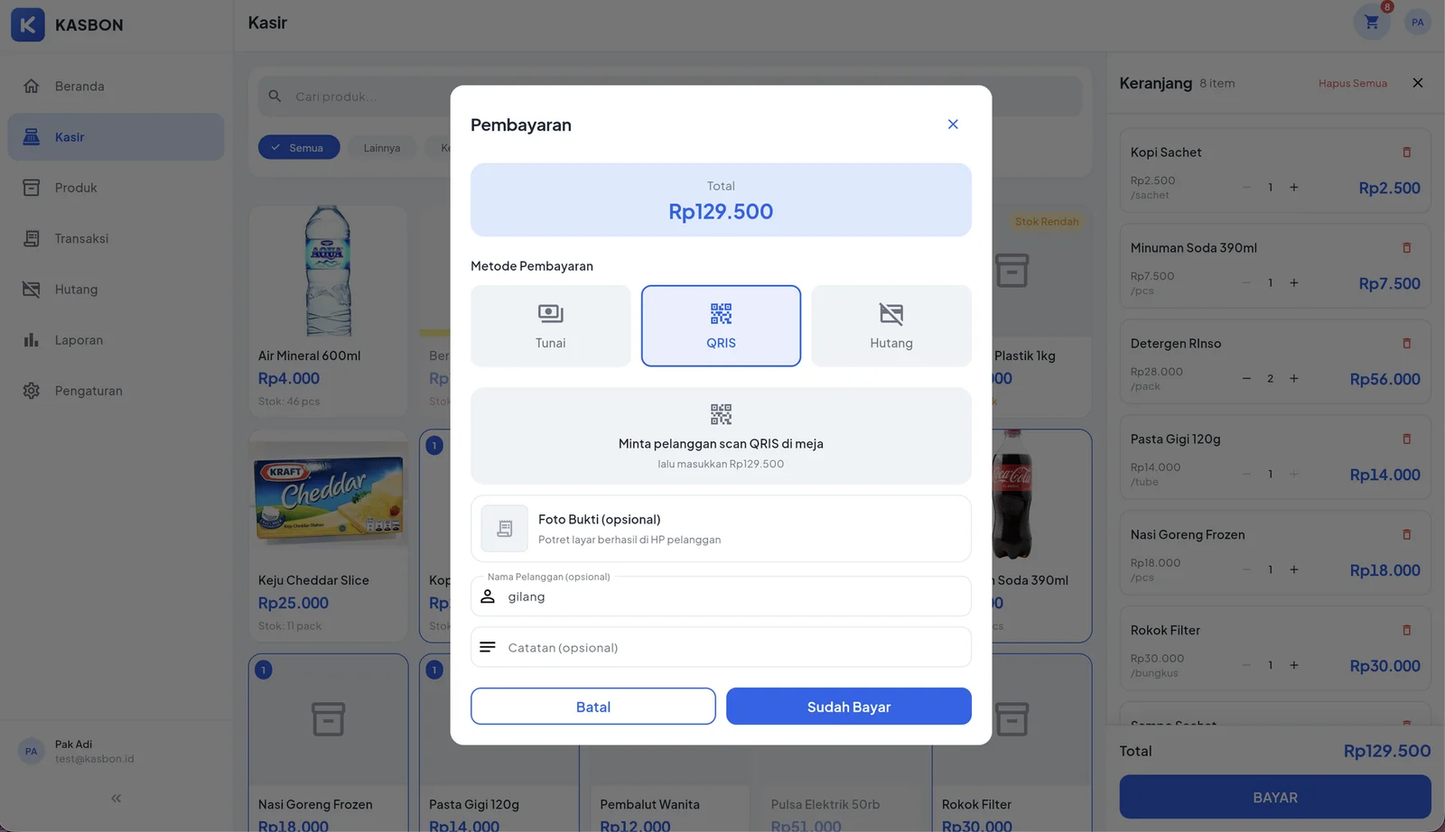 Checkout — cash, QRIS, or hutang, with an optional proof-of-payment photo