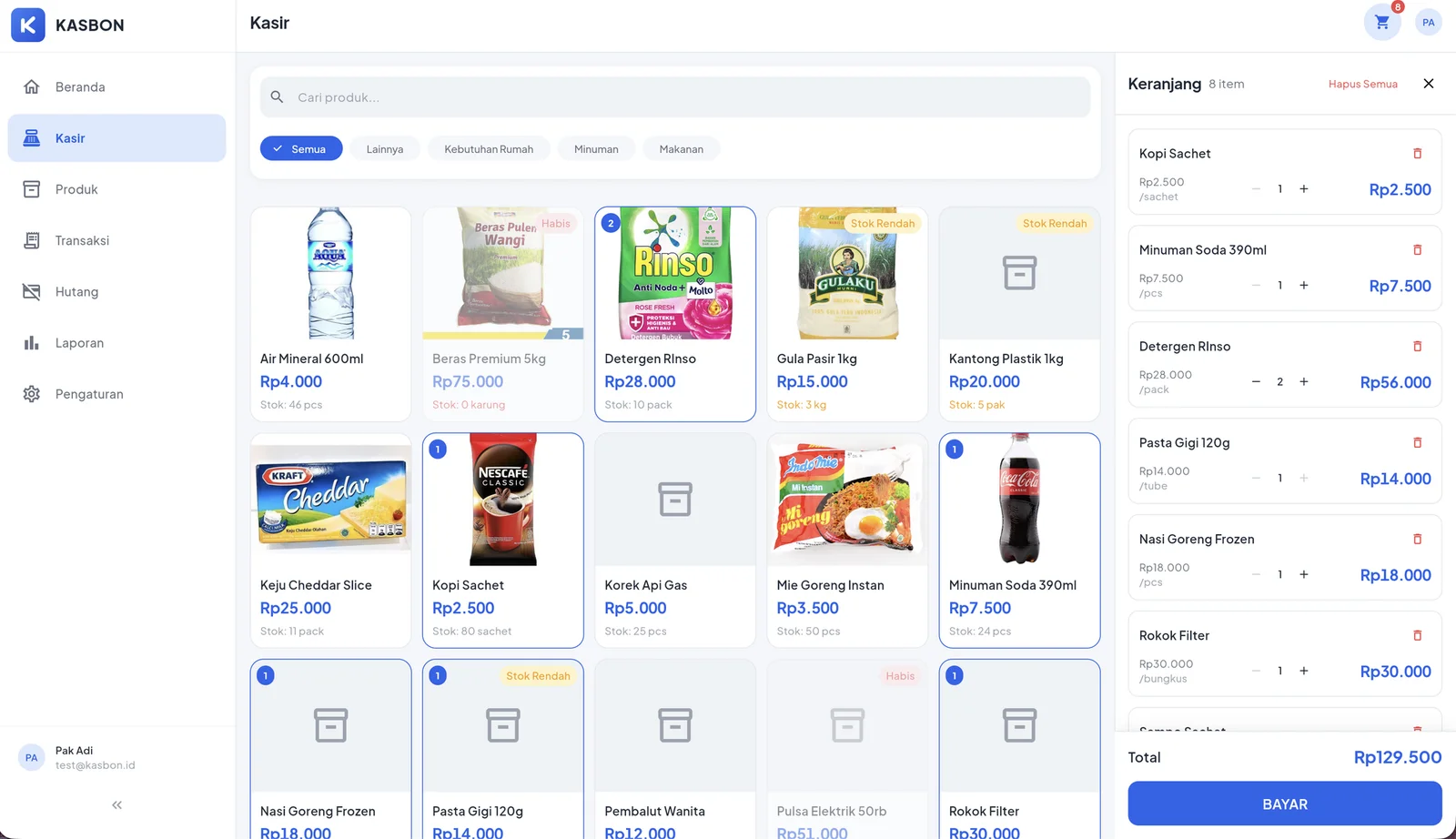 Desktop POS — search, category filters, and a running cart