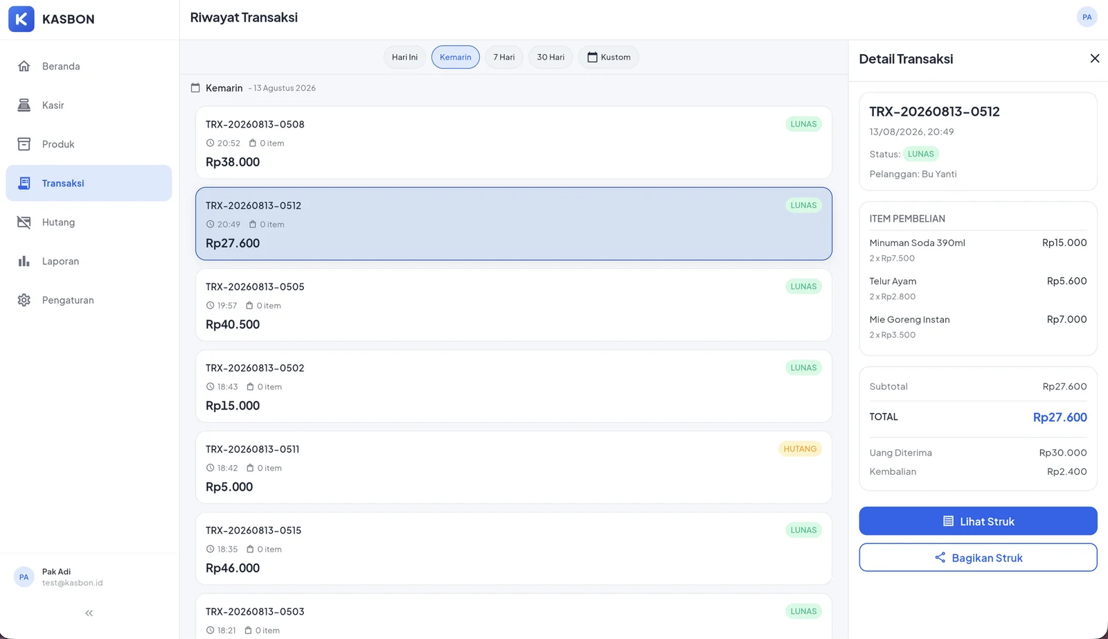 Transaction history with full receipt detail and re-share